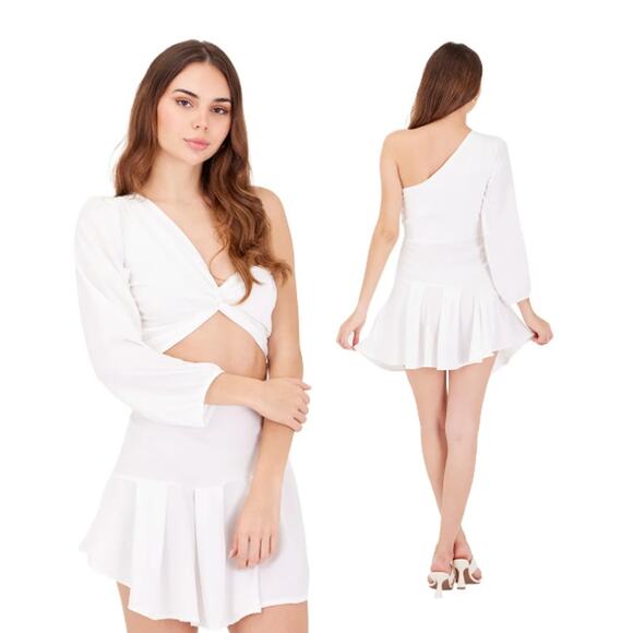 NWT Mercedez Campuzano Palladium One Shoulder Cutout Short Dress Ivory Women's S - Picture 2 of 6